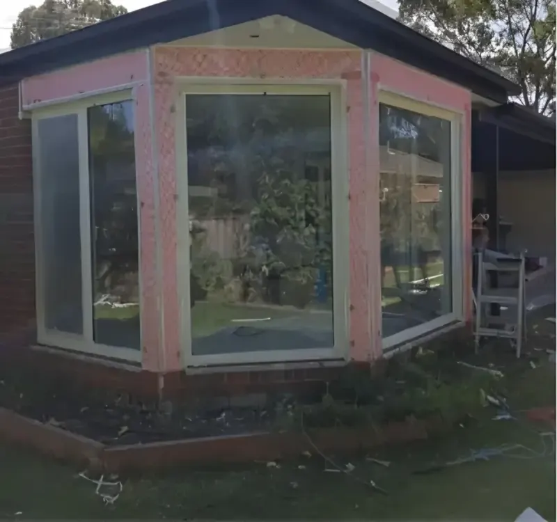 Before: new bay window extension, framed and wrapped